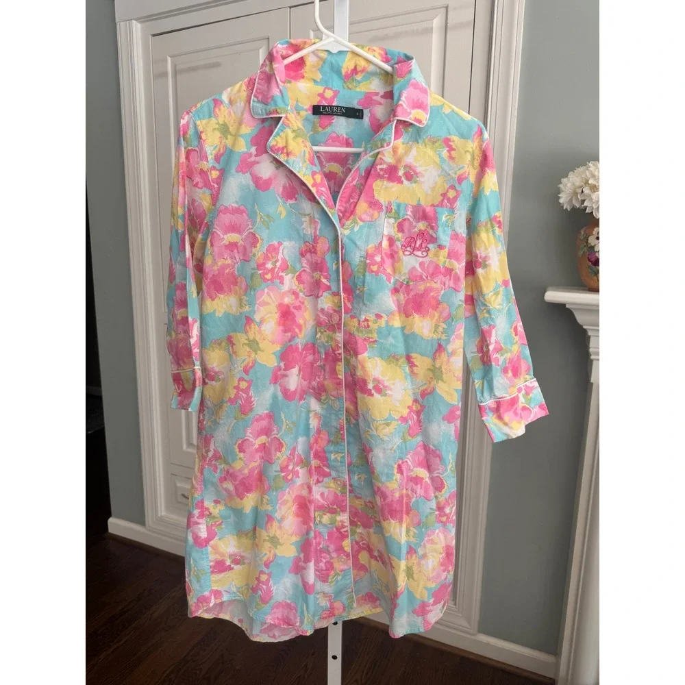 Lauren Ralph Lauren Floral Cotton Sleep Shirt Nightgown Pink‎ Blue Yellow Small